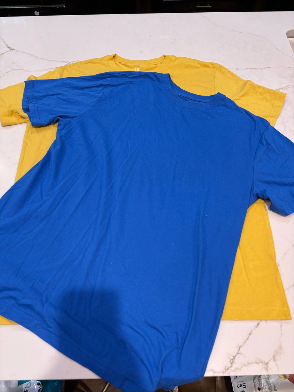 2 George unisex Short Sleeve Crew Neck Tees in Blue and Yellow